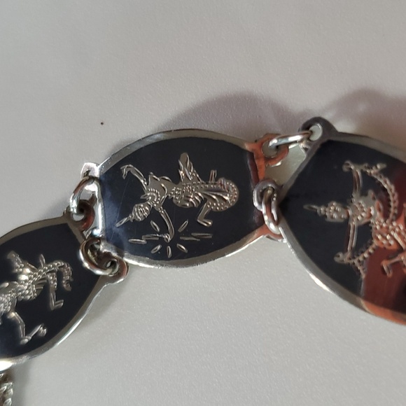 Siam 6.75" Bracelet Sterling Silver 925 Panel Link Thailand Dance Vintage Niello - Picture 8 of 13